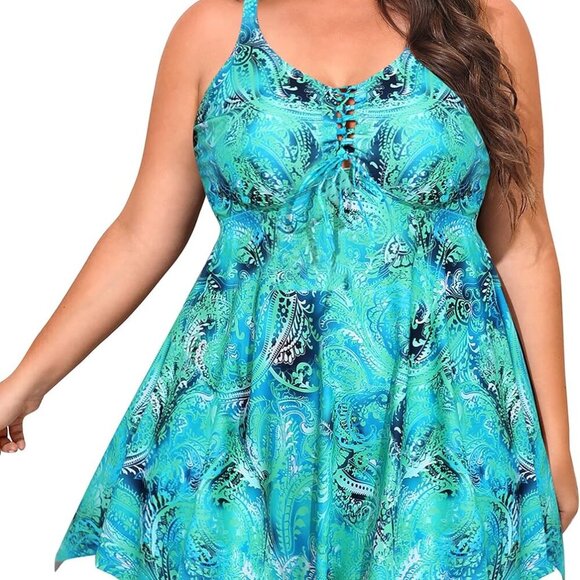 Womens Plus Size Tankini Swimsuit Green Floral 18 Plus - Picture 1 of 6